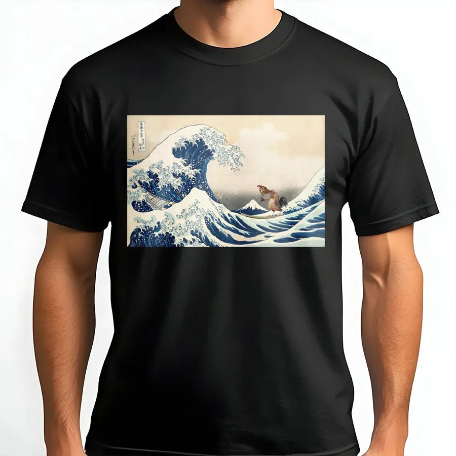 Japanese Great Wave Art T-Shirt | Funny Surfing Chicken Illustration | 100% Cotton Premium Tee | Unique Graphic Gift for Surfers
