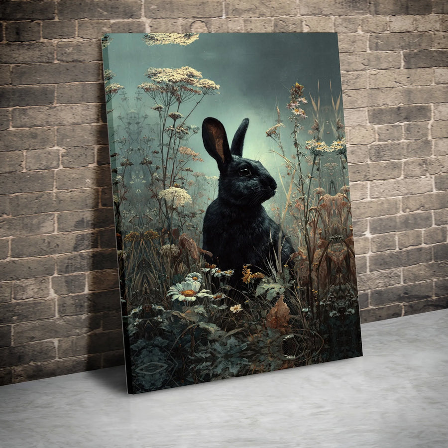 Black Rabbit Wall Art | Moody Wildflower Field Painting | Premium Gallery Canvas | Nature Lover Home Decor Gift