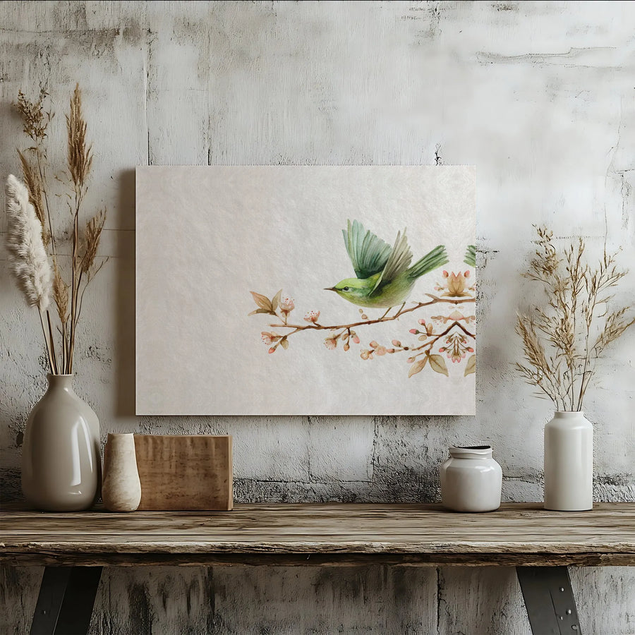 Minimalist Bird Canvas Wall Art | Japanese Watercolor Green Bird on Blossom Branch | Premium Fade-Resistant Print | Zen Living Room Decor Gift
