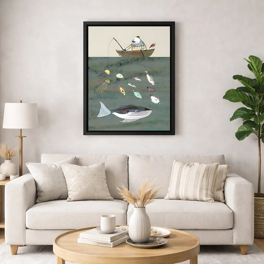 Whimsical Polar Bear Fishing Canvas | Underwater Whale & Fish Illustration | Premium Fade-Resistant Wall Art | Nursery & Home Decor Gift
