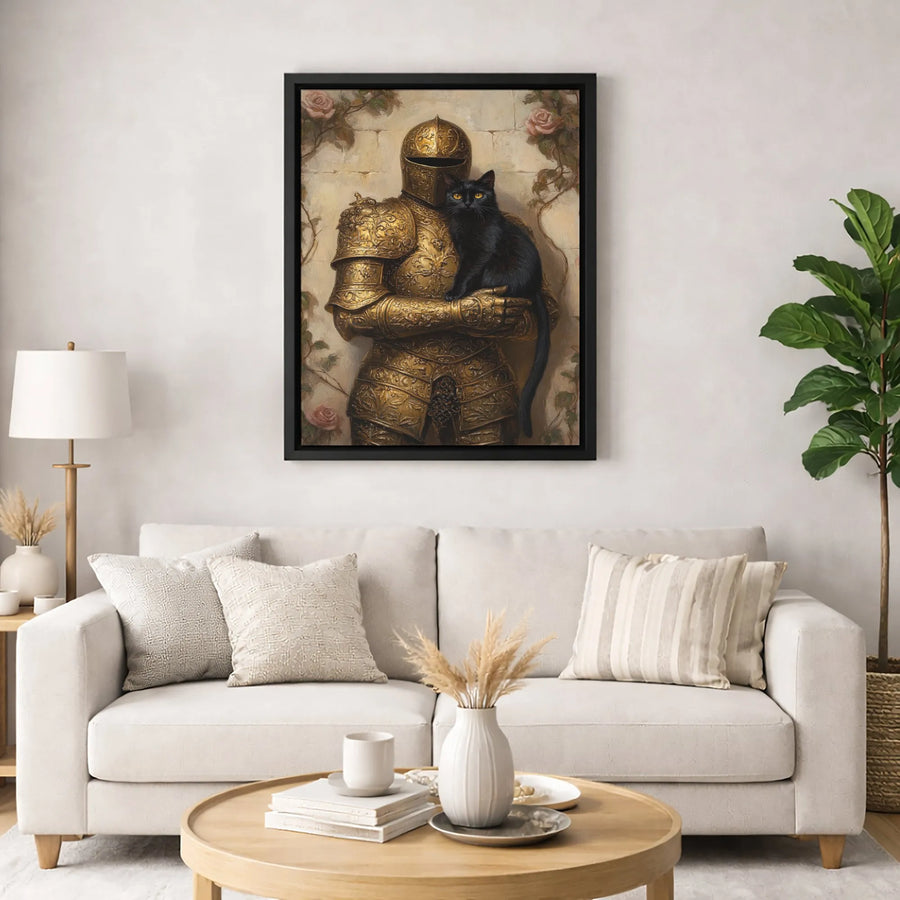Knight with Black Cat Canvas Wall Art | Ornate Gold Armor Floral Portrait | Premium Fade-Resistant Print | Gothic Home Decor Gift for Cat Lovers