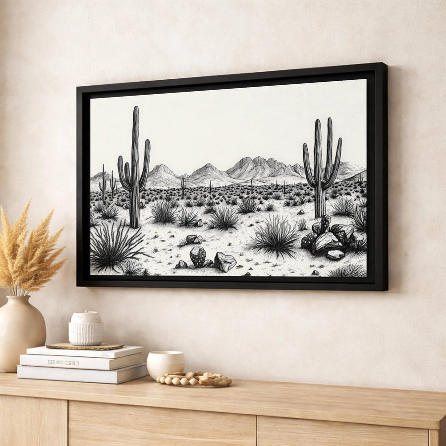 Saguaro Cactus Desert Wall Art | Black and White Landscape Sketch | Premium Gallery Canvas | Southwest Minimalist Home Decor Gift
