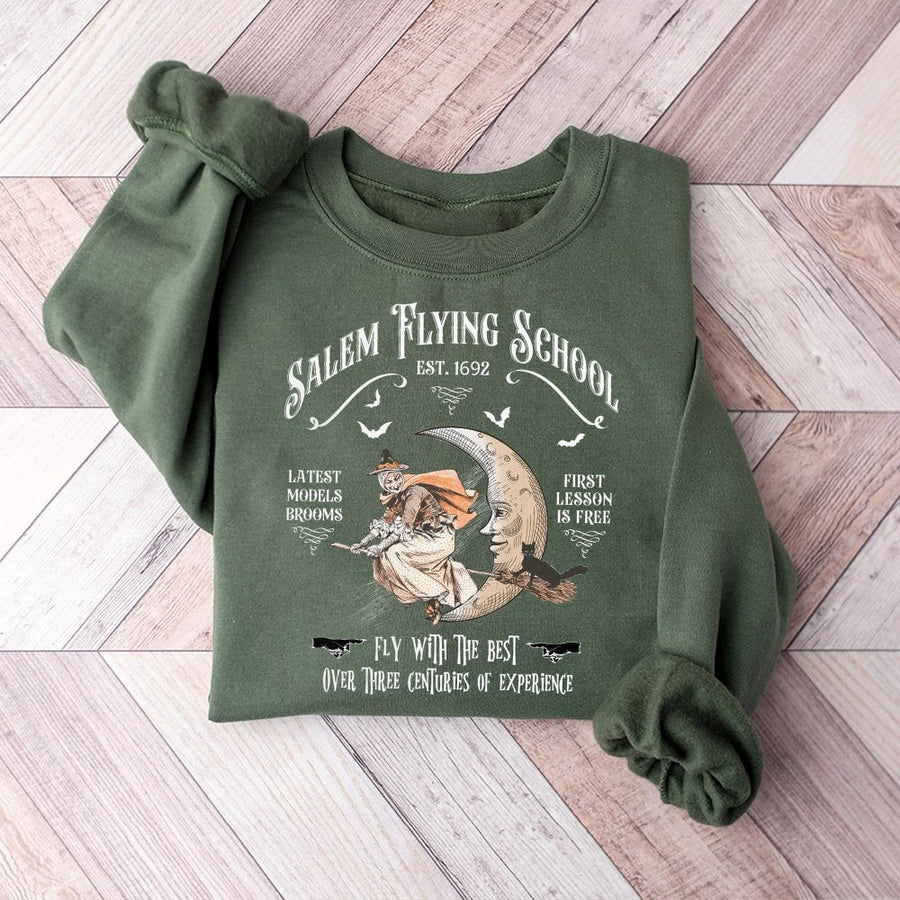 Salem Flying School Sweatshirt | Vintage Witch Aesthetic Graphic Print | Soft Cotton Blend Crewneck | Halloween Gift for Witchy Lovers