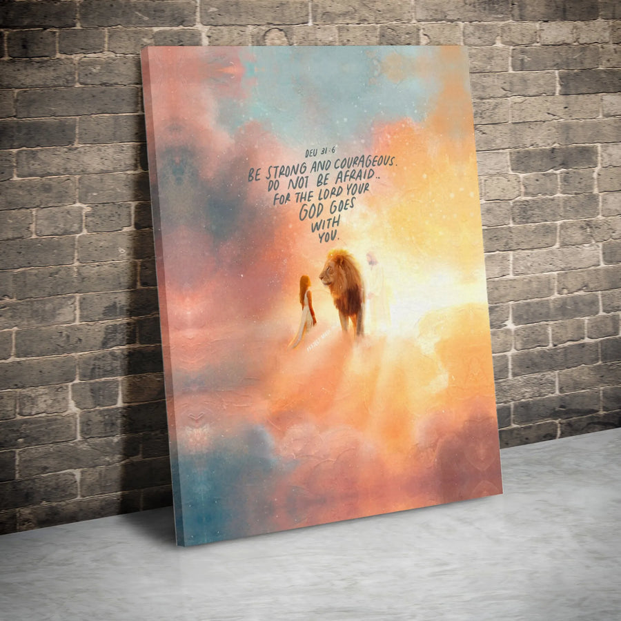 Deuteronomy 31:6 Wall Art | Be Strong And Courageous Lion Of Judah Canvas | Gallery Quality 1.25 Inch Frame | Christian Gift For Her Or Home Decor