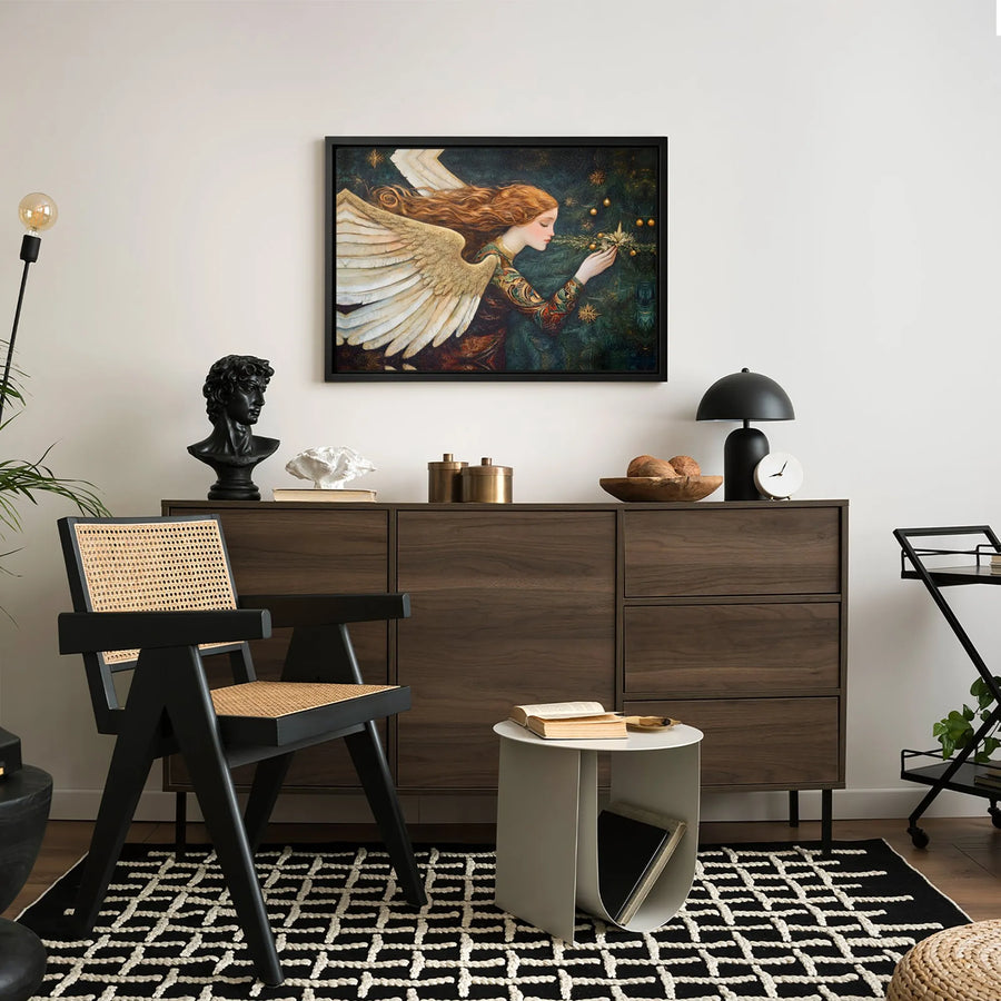 Christmas Angel Canvas Wall Art | Redhead Angel Decorating Tree | Premium Gallery Wrapped Print | Holiday Seasonal Home Decor Gift