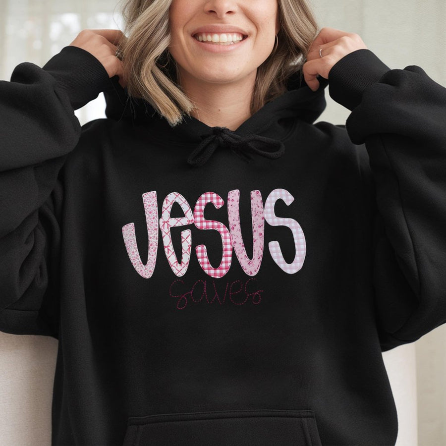 Jesus Saves Hoodie | Pink Floral Aesthetic Christian Faith Apparel | Premium Cotton Blend | Gift For Women Who Love Faith-Based Clothes