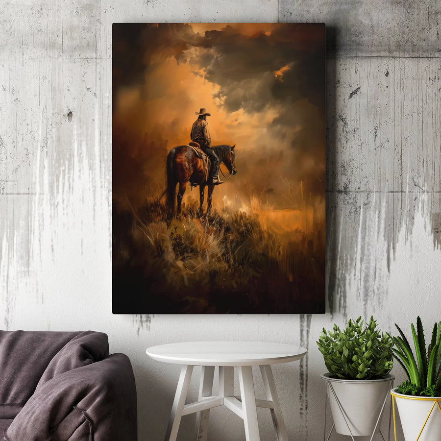 Western Cowboy Canvas Art | Sunset Lone Rider Horse Painting | Premium Gallery Wrapped Wall Decor | Rustic Farmhouse Home Office Gift