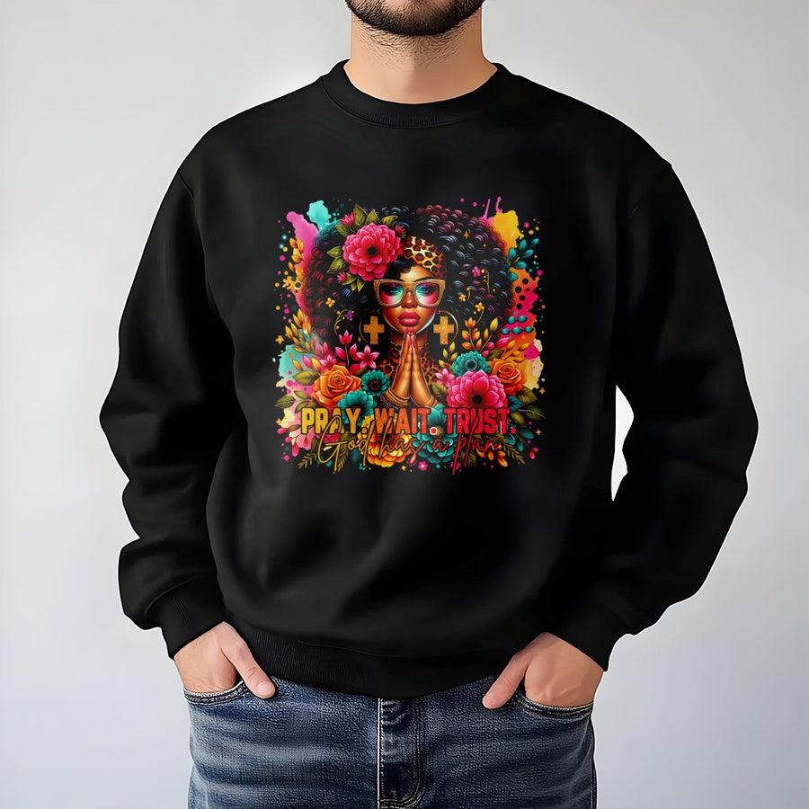 Pray Wait Trust Sweatshirt | Floral Black Woman Christian Graphic | Premium Cotton Blend Crewneck | Religious Faith Gift for Women