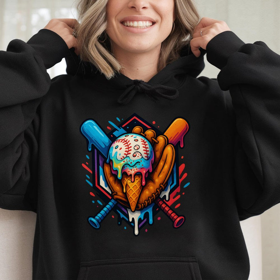 Baseball Drip Hoodie | Melting Ice Cream Baseball Glove Design | Premium Cotton-Poly Blend | Sporty Gift for Baseball Players and Fans