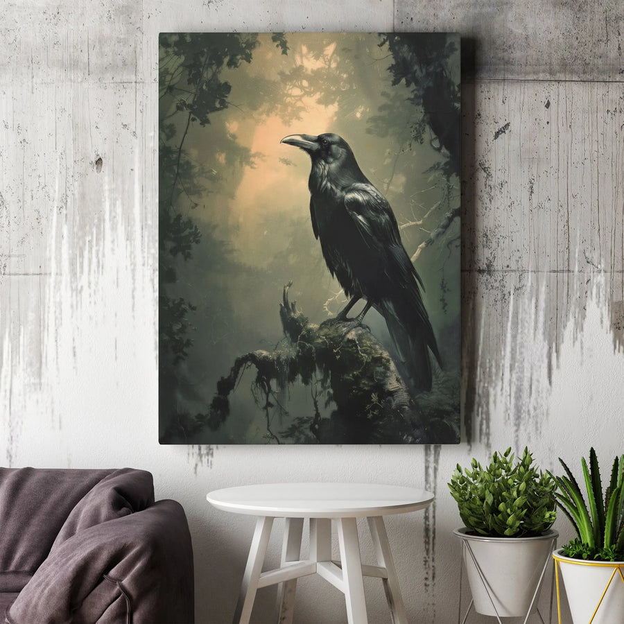 Gothic Raven Canvas Wall Art | Moody Forest Bird Portrait | Premium Gallery Wrap Decor | Dark Academia Aesthetic Gift for Home or Office