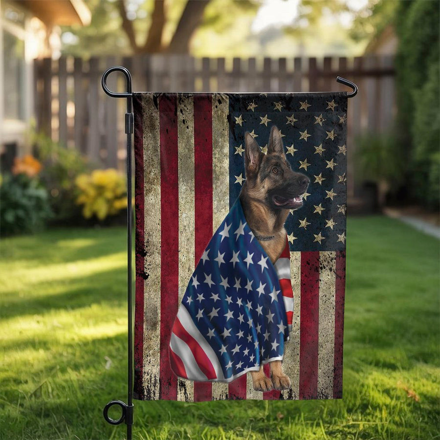 German Shepherd Garden Flag | Patriotic American Flag Dog Yard Decor | Weather-Resistant Polyester | Gift for Dog Lovers & Veterans