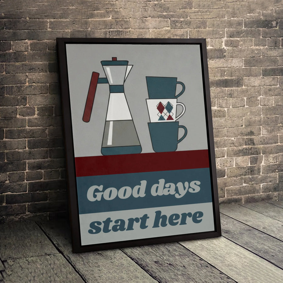 Good Days Start Here Coffee Canvas Print | Retro Moka Pot Wall Art | Premium 1.25-Inch Thick Gallery Wrap | Kitchen Decor Gift for Coffee Lovers