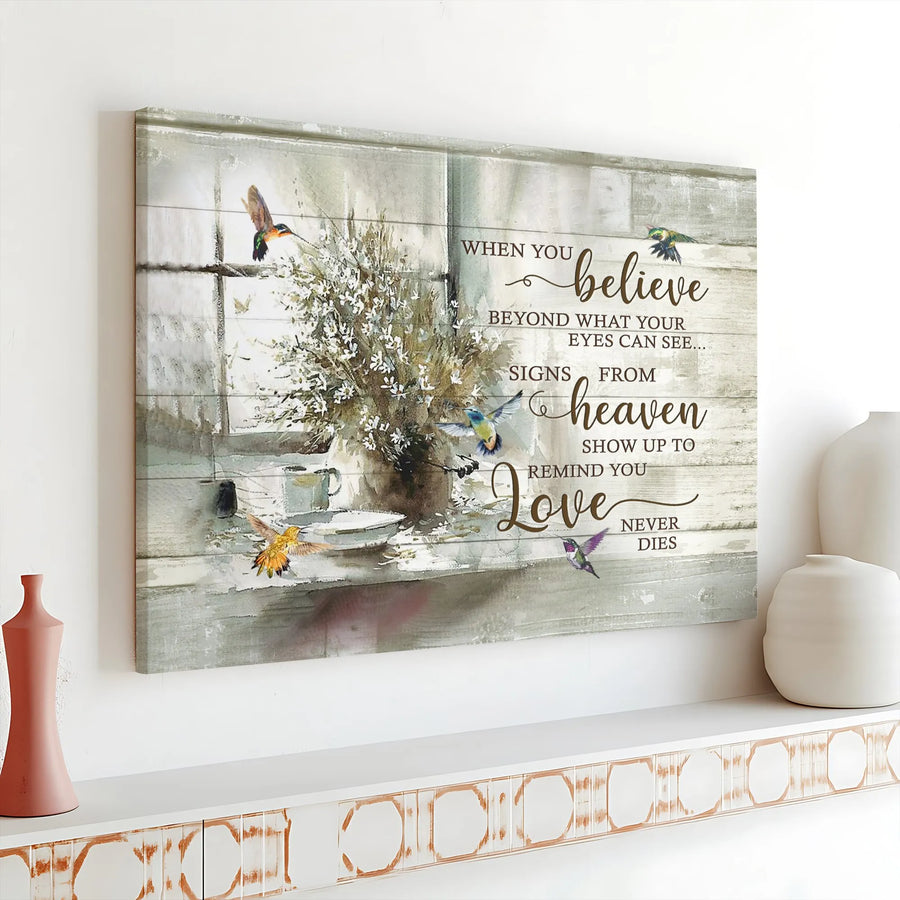 Hummingbird Memorial Canvas Wall Art | 'Signs From Heaven' Inspirational Quote | Premium Canvas Print | Sympathy Gift for Loss of Loved One