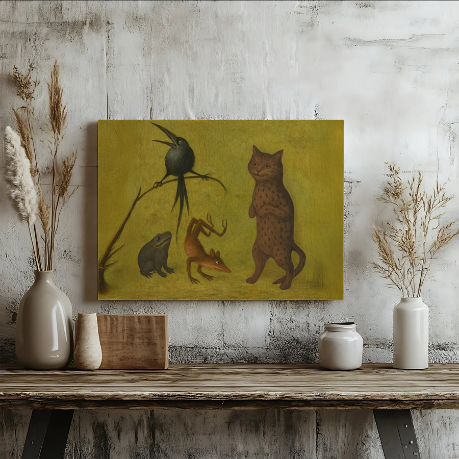 Surreal Medieval Animal Canvas Wall Art | Whimsical Cat Frog Bird Print | Premium 1.25 Inch Gallery Wrap | Unique Gift for Dark Academia Decor Lovers
