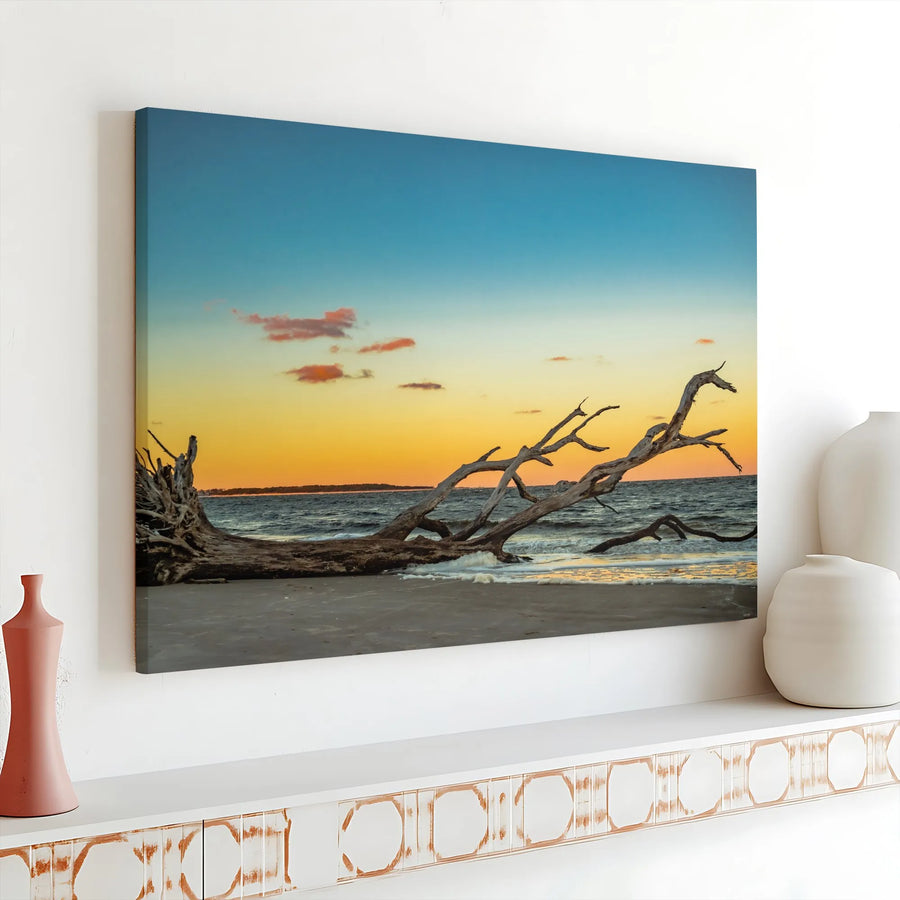 Coastal Sunset Beach Driftwood Horizontal Canvas | Big Talbot Island Landscape Wall Art | Premium 1.25" Gallery Wrap Print | Modern Living Room Decor Gift