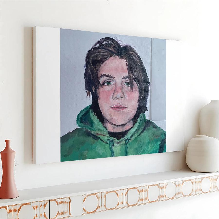 Modern Portrait Canvas Print | Painterly Artwork of Teen in Green Hoodie | Premium Gallery Wrap Canvas | Collector's Gift for Modern Home Decor