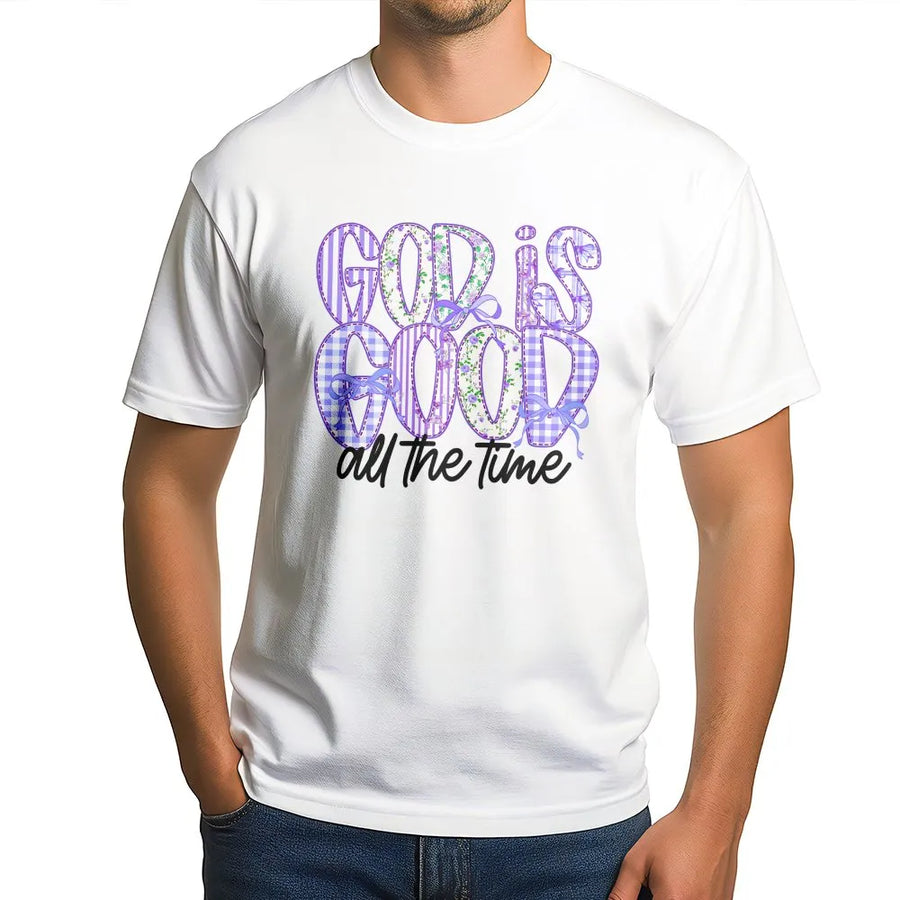 God Is Good Christian T-Shirt | Preppy Gingham Floral Design | Premium Cotton-Blend Pullover | Inspirational Faith Based Gift for Women
