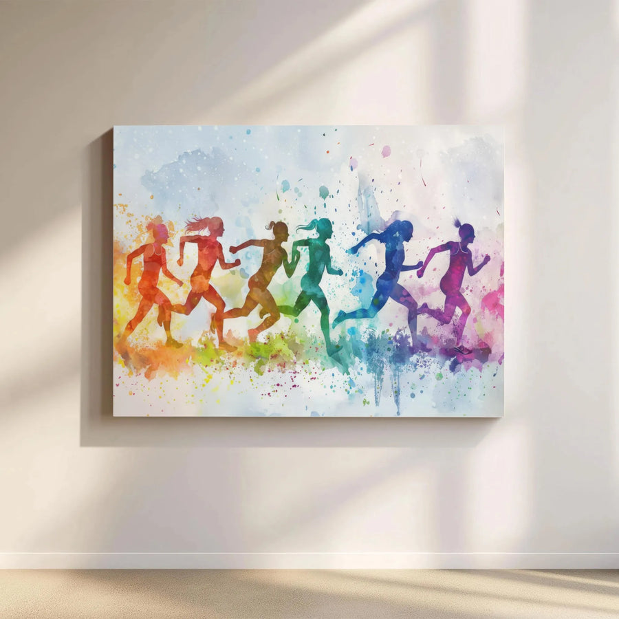 Female Runner Canvas Wall Art | Rainbow Watercolor Silhouette Print | Premium Gallery Wrapped Decor | Gift for Marathon Runner & Athlete