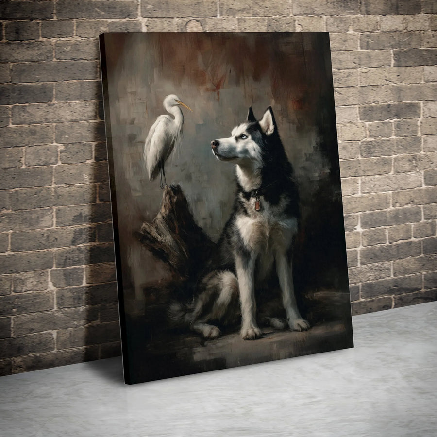 Siberian Husky and Egret Canvas Wall Art | Vintage Animal Portrait Painting | Premium 1.25" Thick Gallery Wrap | Unique Collector's Gift for Dog Lover
