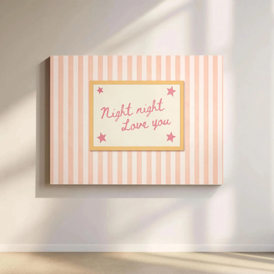 Night Night Love You Canvas Wall Art | Pink Stripes & Stars Quote Print | Premium Gallery Wrap Canvas | Nursery Decor Gift for Kids Room