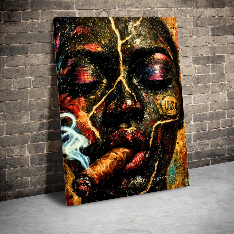 Abstract Kintsugi Portrait Wall Art | Woman Smoking Cigar Urban Decor | Premium 1.25-Inch Thick Canvas | Edgy Modern Home & Office Decor Gift
