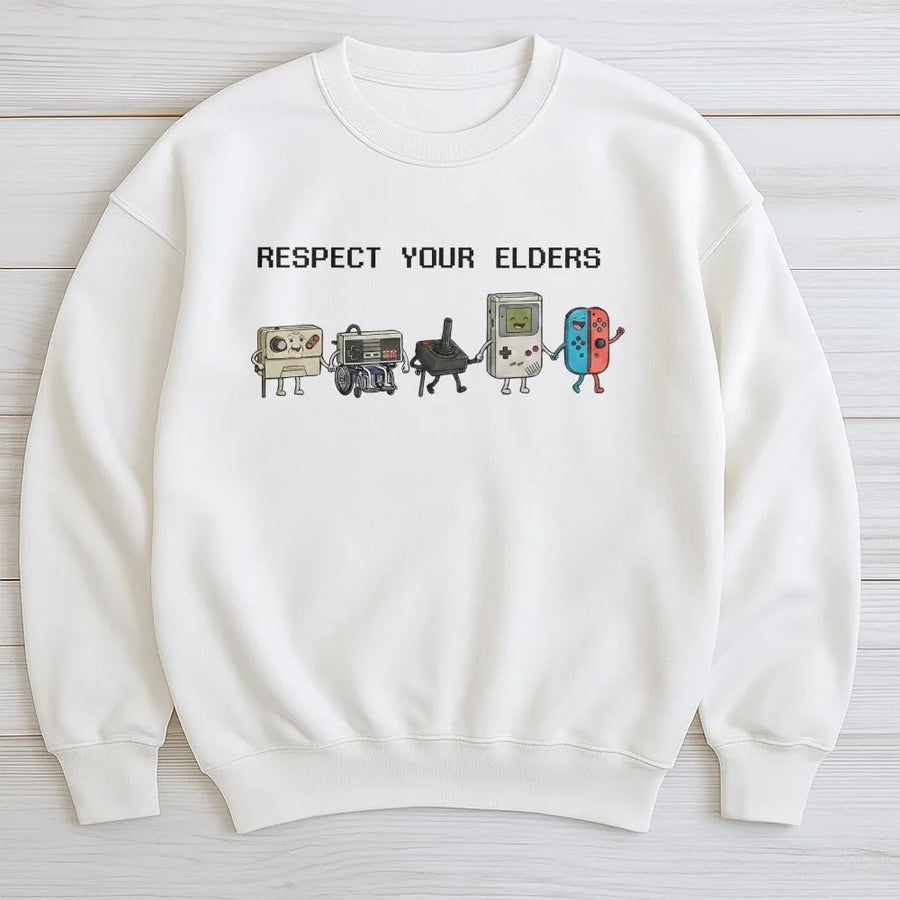 Respect Your Elders Retro Gamer Sweatshirt | Funny 90s Pixel Art Console Graphic | Unisex Premium Cotton Blend | Perfect Gift for Retro Gaming Fans