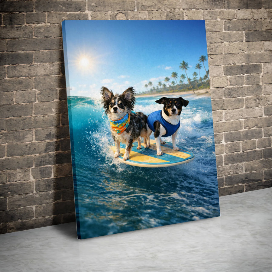 Surfing Dogs Canvas Wall Art | Funny Tropical Beach Scene | Premium Thick Gallery Wrap | Gift for Dog Lover, Beach House Decor