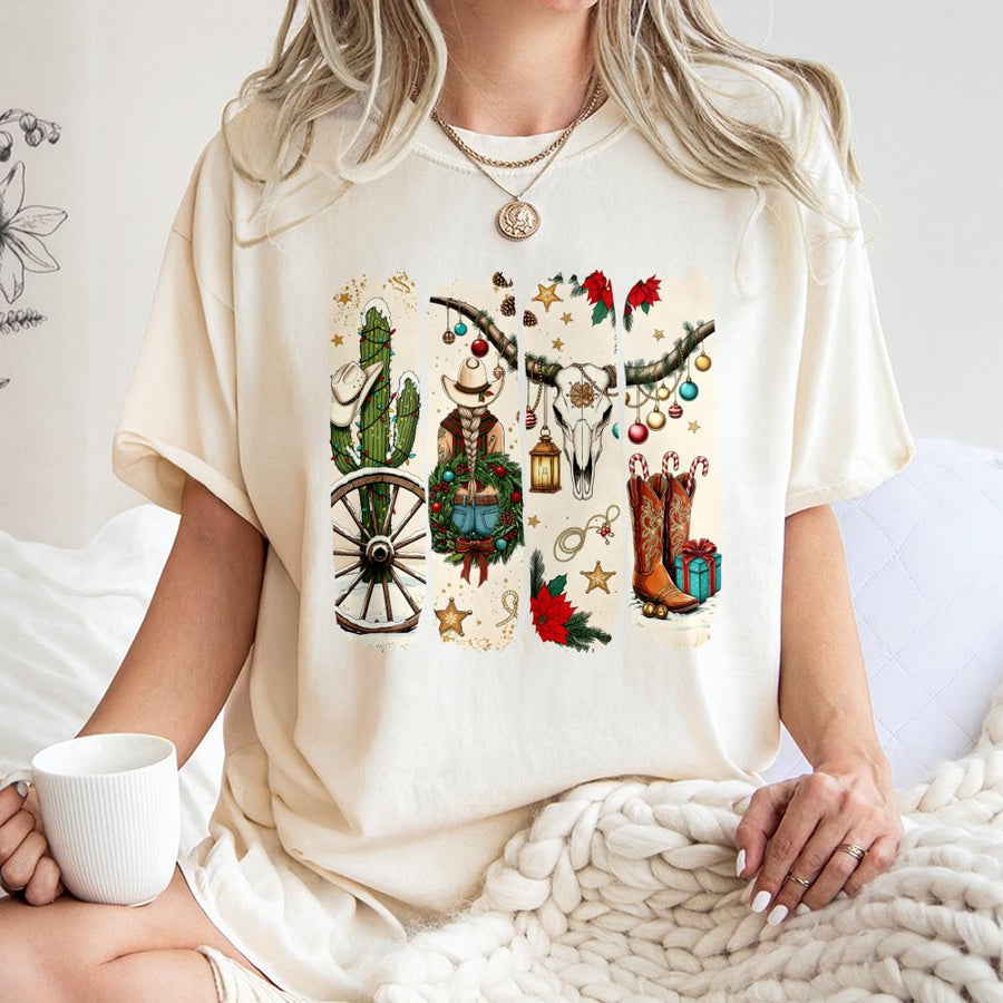 Cowgirl Christmas T-Shirt | Western Holiday Graphic Tee | 100% Cotton Premium Quality | Festive Cowboy Boots Aesthetic Gift for Women