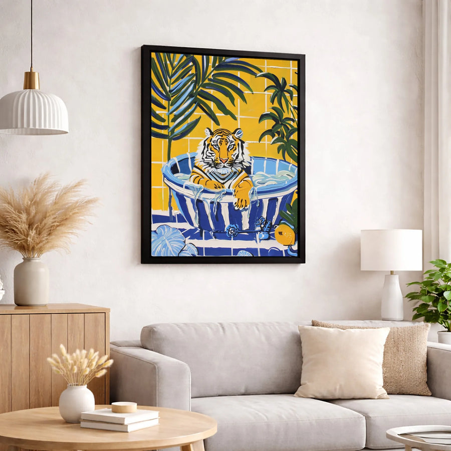 Tiger In Bathtub Wall Art | Tropical Boho Bathroom Decor | Premium Canvas Print | Whimsical Animal Portrait Gift