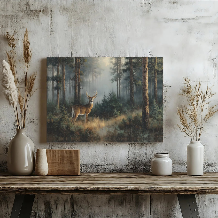 Majestic Buck Deer Forest Horizontal Canvas | Misty Pine Woods Wildlife Painting | Premium 1.25 Inch Gallery Wrap Wall Art | Rustic Cabin Decor Gift for Nature Lovers
