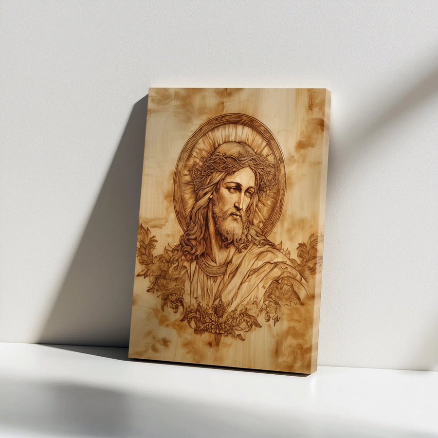 Jesus Crown of Thorns Canvas | Religious Wood Burn Style Wall Art | 1.25" Gallery Wrap Premium Print | Christian Home Decor Gift