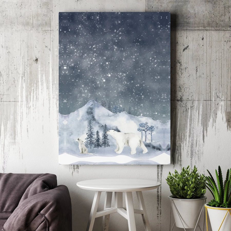 Polar Bear Wall Art Canvas | Watercolor Snowy Mountain Landscape | Gallery Wrap 1.25 Inch Thick | Nursery Decor & Winter Wildlife Gift