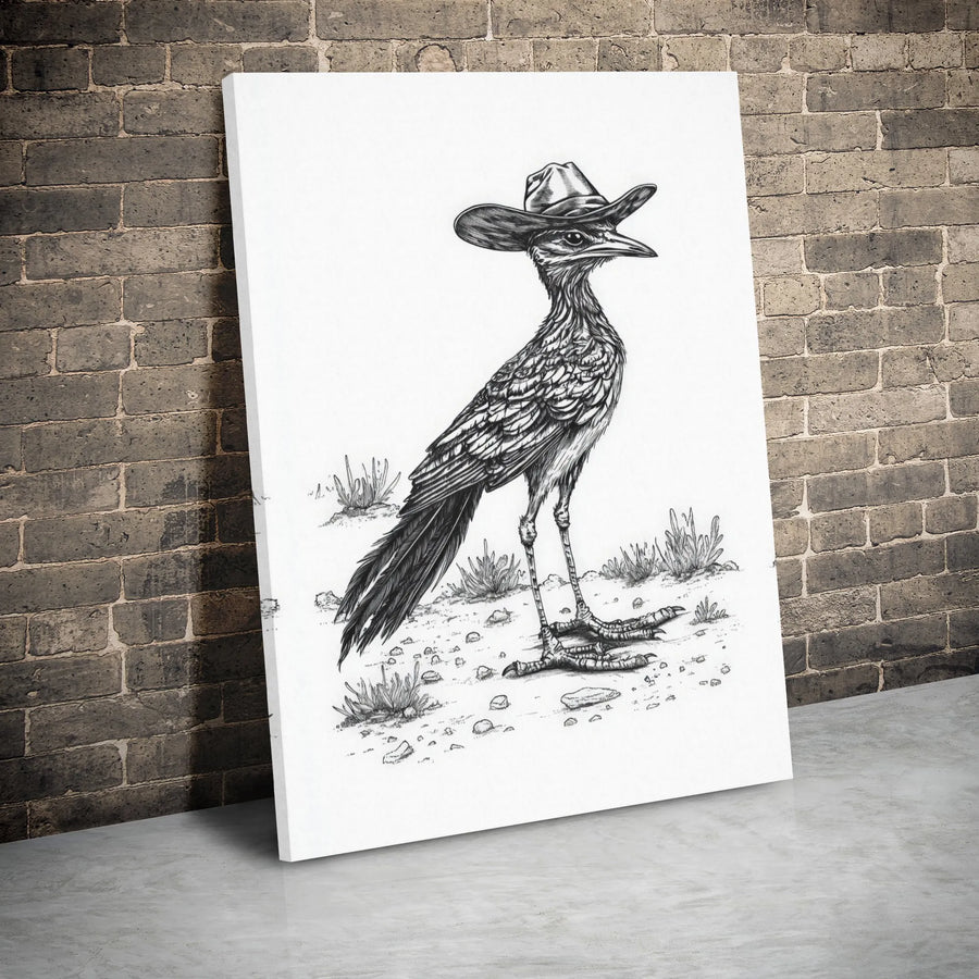 Roadrunner Cowboy Wall Art | Western Desert Bird Sketch | Gallery Wrapped Premium Canvas | Rustic Country Home Decor Gift