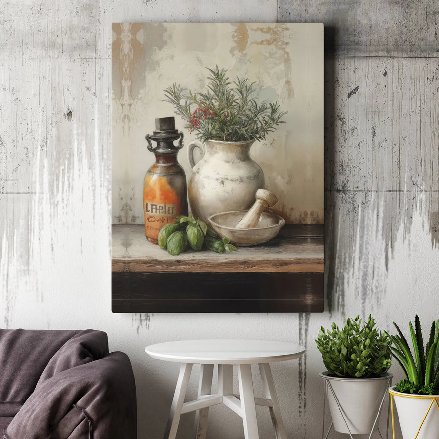 Rustic Kitchen Herbs Canvas Wall Art | Vintage Still Life with Rosemary & Basil | Premium Gallery Wrapped Print | Farmhouse Kitchen Decor Gift