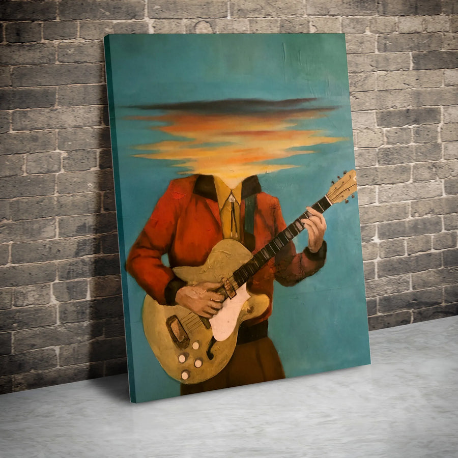 Surreal Guitarist Canvas Print | Sunset Cloud Head Music Art | 1.25-Inch Premium Gallery Wrap | Musician Home Office Wall Decor Gift