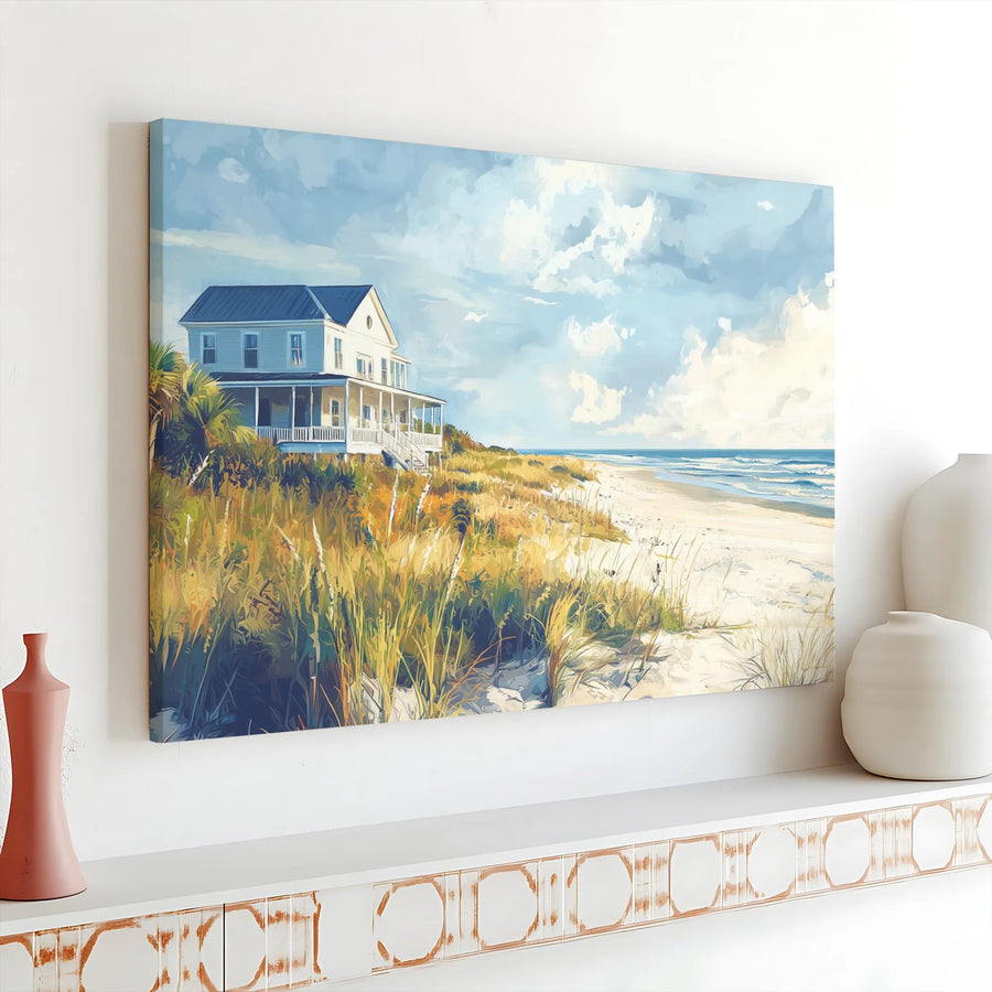 Beach House Canvas Wall Art | Serene Ocean View Coastal Painting | Premium Gallery Wrapped Canvas | Coastal Home Decor Gift