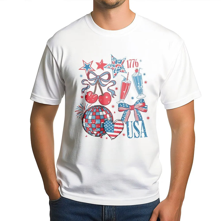 Retro 4th of July T-Shirt | Coquette American Bow Graphic | Soft Unisex Crewneck | Independence Day Party Gift for Her