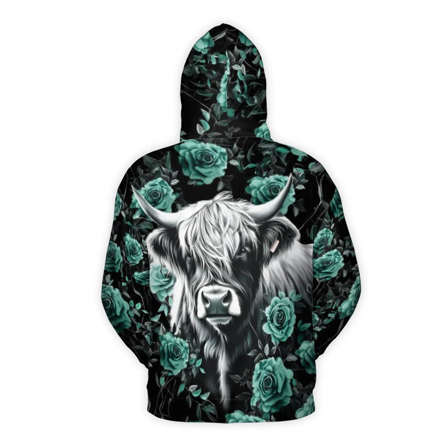 Highland Cow Hoodie | Floral Teal Rose All-Over Print | Premium Brushed Fleece Lining | Unique Farmhouse Aesthetic Gift for Her