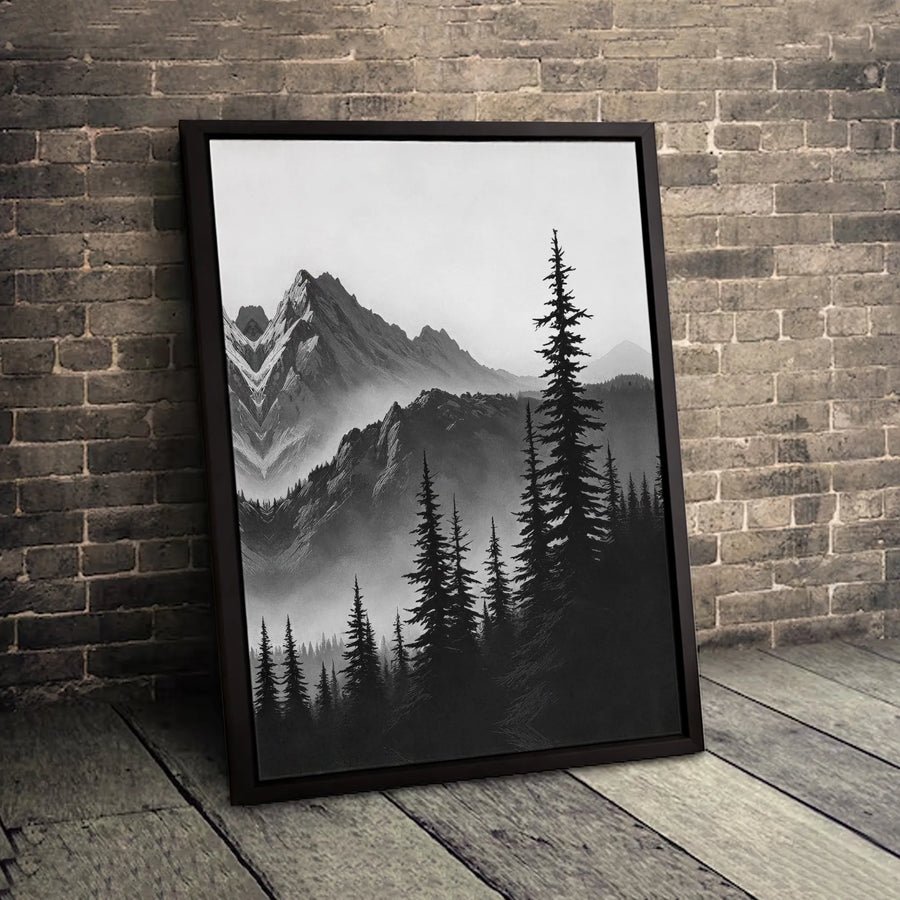 Black And White Mountain Canvas Wall Art | Foggy Pine Forest Landscape | Premium Gallery Wrap 1.25 Inch Thick | Minimalist Home Decor Gift