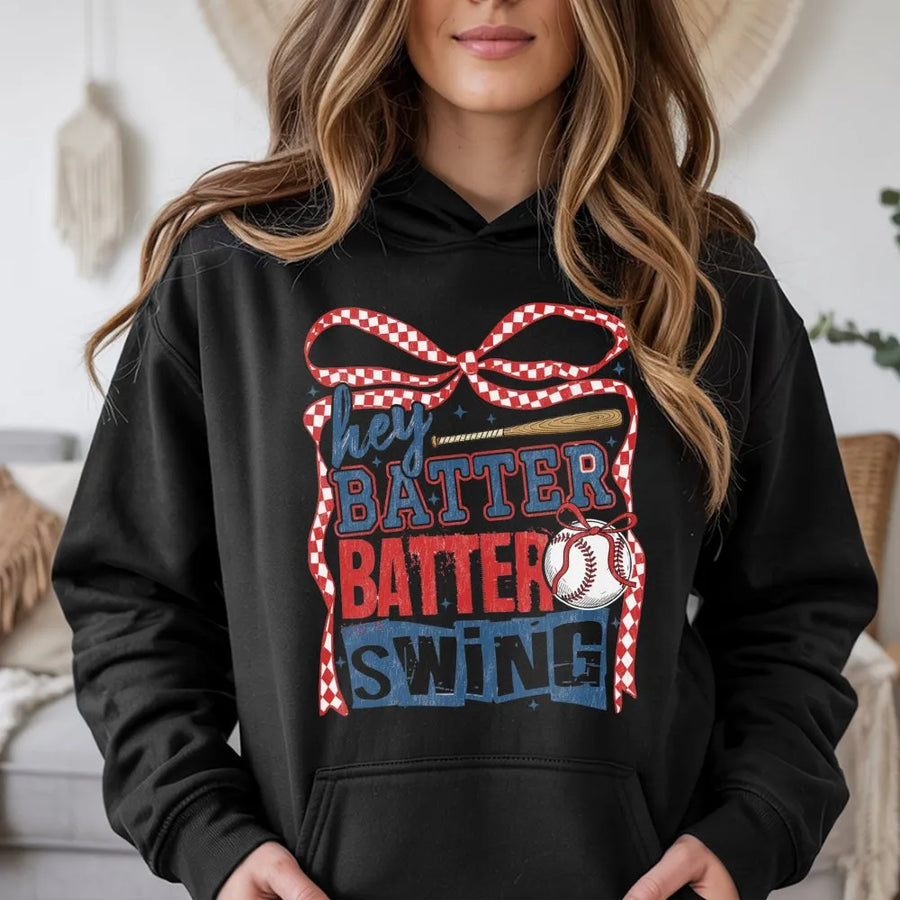 Baseball Mom Hoodie | Hey Batter Batter Swing Graphic | Premium Cotton Blend | Gift for Softball Fans and Sports Enthusiasts