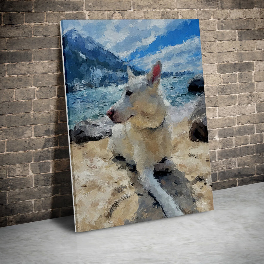 White Dog Beach Painting Canvas | Impressionist Coastal Mountain Wall Art | Premium Gallery-Wrapped Print | Dog Lover Home Decor Gift