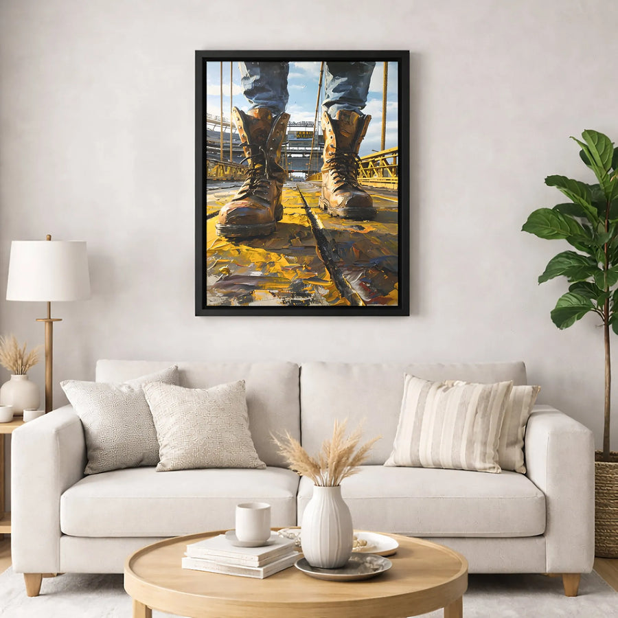 Industrial Work Boots Canvas Print | Pittsburgh Yellow Bridge Art | Premium Gallery Wrapped Wall Decor | Gift for Construction Workers