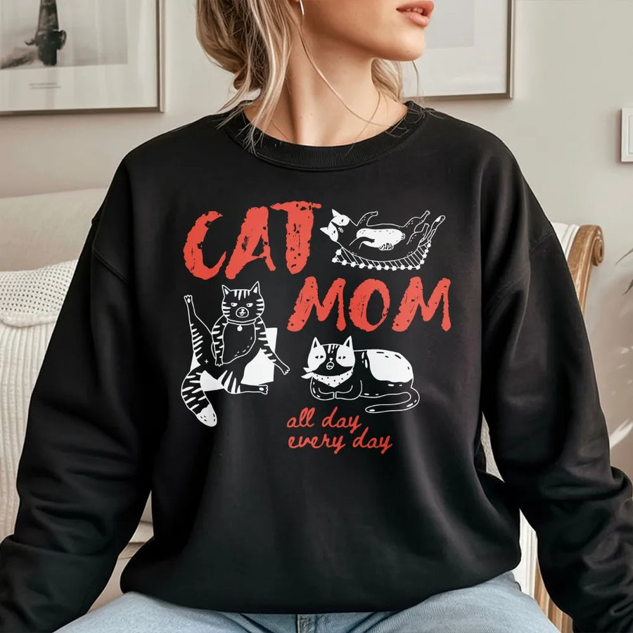 Cat Mom Graphic Sweatshirt | Funny Sketch Cats Design | Premium Soft Cotton | Unique Gift for Cat Lover