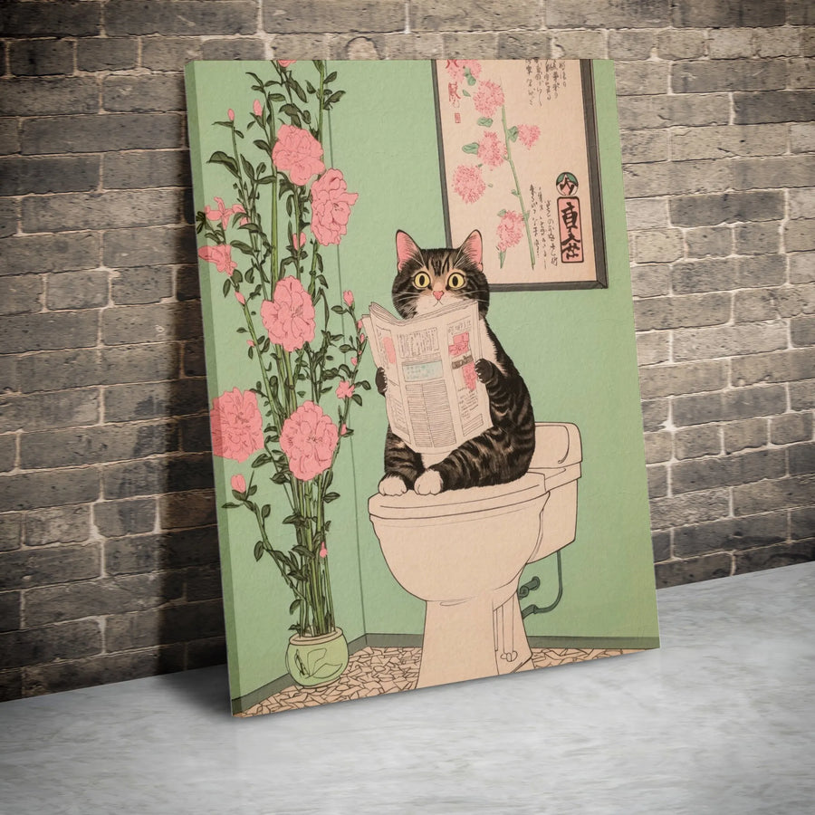 Japanese Cat Wall Art | Ukiyo-E Style Bathroom Decor | Premium Gallery Canvas | Funny Animal Poster Gift for Cat Lovers
