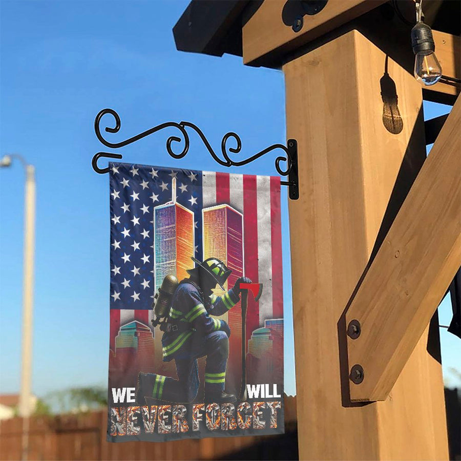 9/11 Memorial Garden Flag | We Will Never Forget Firefighter Tribute | Weather-Resistant Polyester Yard Decor | Patriotic Remembrance Gift
