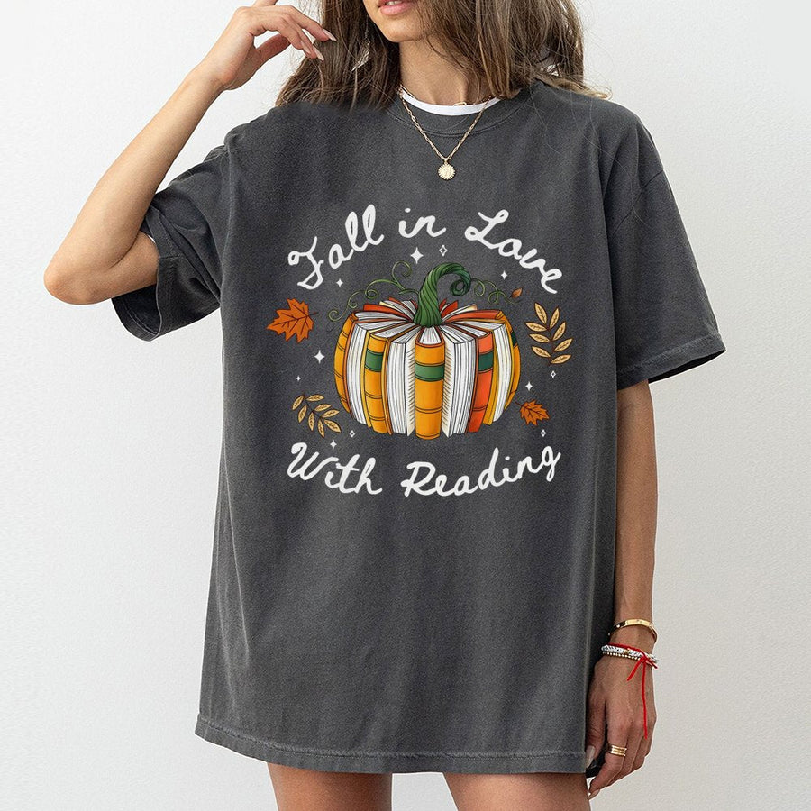 Fall In Love With Reading T-Shirt | Pumpkin Book Stack Graphic | Premium Soft Cotton Tee | Autumn Librarian Reader Gift Idea