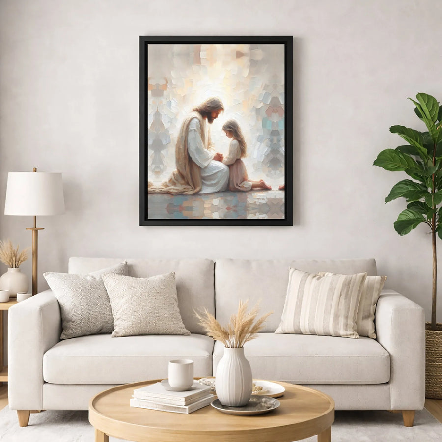 Jesus Kneeling With Child Canvas Print | Religious Oil Painting Style Wall Art | 1.25 Inch Gallery Wrap | Christian Home Decor Gift
