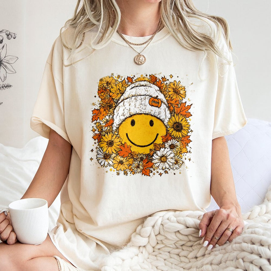 Fall Smiley Face T-Shirt | Retro Floral Beanie Graphic | 100% Cotton Premium Tee | Cozy Autumn Outfit Gift for Women