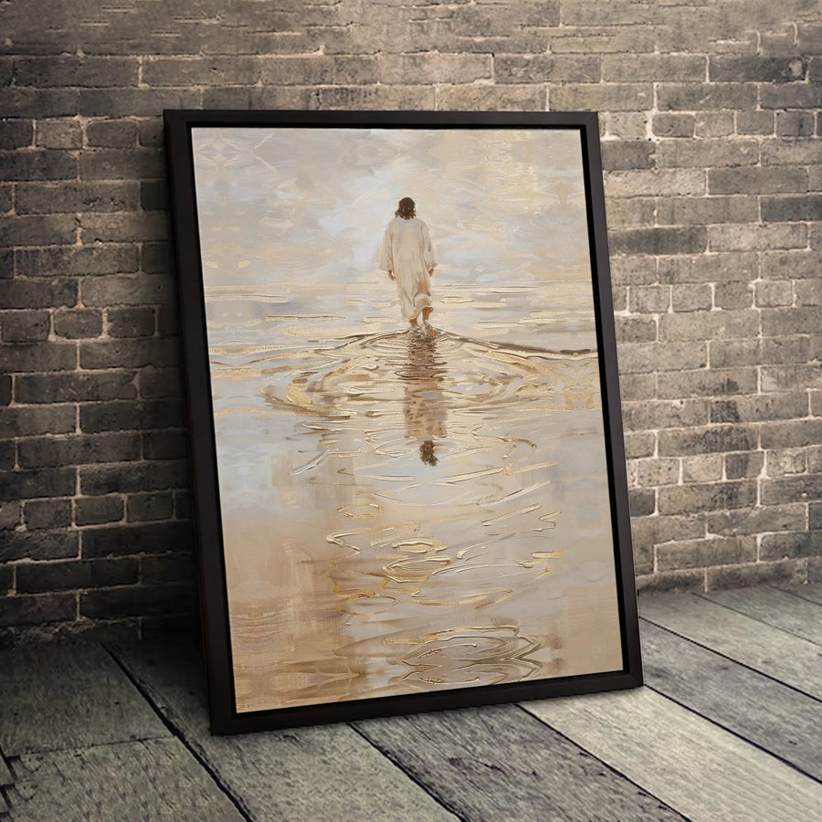 Jesus Walking On Water Canvas Wall Art | Abstract Religious Gold Home Decor | Premium Fade-Resistant Print | Christian Spiritual Gift
