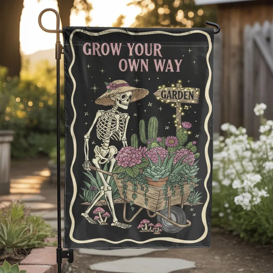 Skeleton Gardener Flag | Grow Your Own Way Skull Illustration | Double Sided Weatherproof Yard Art | Funny Goth Gardener Gift